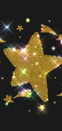 This enchanting live wallpaper features a digital art gold star surrounded by tiny stars on a black background