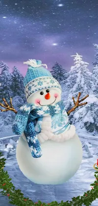 Get into the holiday spirit with our exquisite snowman live wallpaper for your phone! This digital creation features a beautifully decorated snowman, complete with a colorful scarf and a festive hat, sitting atop a snow-covered landscape
