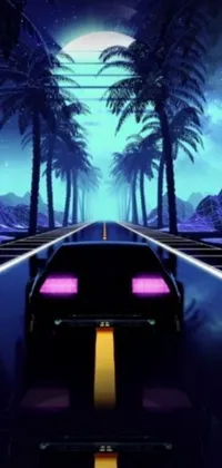 This phone live wallpaper features an intense and striking scene of a cutting-edge car driving through a winding road with palm trees in the backdrop