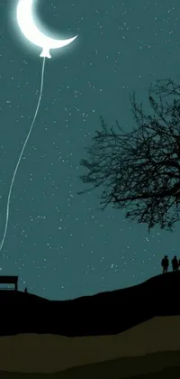 This live wallpaper displays a scene of a couple enjoying the night sky on a bench under a crescent moon