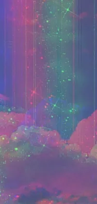This phone live wallpaper showcases a stunning digital artwork of a star-filled sky accompanied by fluffy clouds giving off a tumblr-inspired vibe