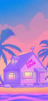 This phone wallpaper depicts an idyllic house on a tranquil beach surrounded by palm trees