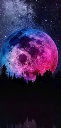 This stunning phone live wallpaper features a mesmerizing digital artwork depicting a full moon rising over a lush forest