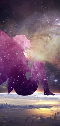 This phone live wallpaper showcases a stunning digital art image of a woman sitting gracefully in space, surrounded by enchanting cosmic scenery