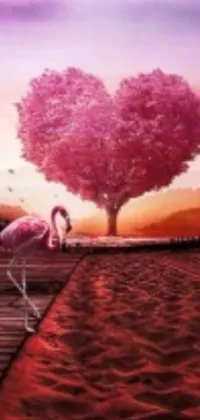 This phone wallpaper is a romantic and beautiful live screensaver that features a heart-shaped tree on a pier with a stunning couple of flamingos standing in front