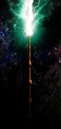 This phone live wallpaper features a harry potter poster adorned with a glowing draconic staff and a green lightsaber