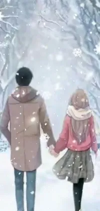 This snow-themed live phone wallpaper showcases a couple holding hands while walking through the wintry landscape