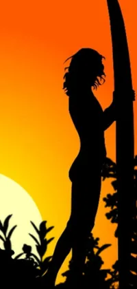 This phone live wallpaper showcases a black silhouette of a woman carrying a surfboard against a scenic natural landscape of mountains, trees, and ocean waves