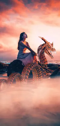 This dragon-inspired live wallpaper for your phone features a woman riding a horse on a beach with Javanese mythology inspiration