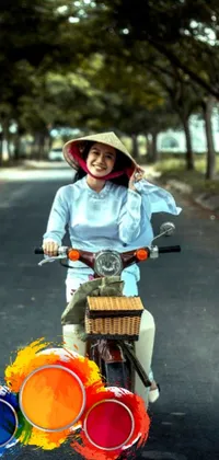 This smartphone wallpaper captures the spirit of adventure with its realistic image of a woman joyfully riding a scooter