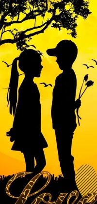 This phone live wallpaper showcases a romantic image of a couple standing under a tree, with a black and yellow color scheme