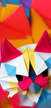 This phone live wallpaper features a colorful origami cat in a hyper-detailed and photo-realistic miniature world of paper art