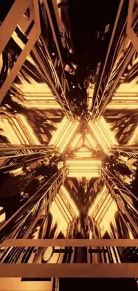 This creative live wallpaper showcases an abstract interior image with intricate triangular designs and ornate galactic gold accents, inspired by futurism and a still from a music video