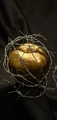 This phone live wallpaper boasts a striking and surreal golden apple wrapped in barbed wire on a black background