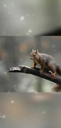 This phone live wallpaper showcases a charming illustration of a squirrel sitting on top of a tree branch in a forest on a rainy day
