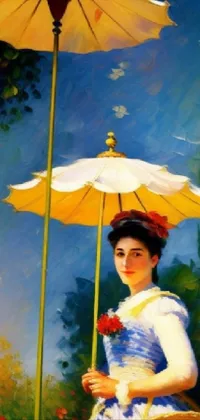 This phone live wallpaper displays a stunning painting of a woman holding an umbrella, rendered in a remarkably realistic style