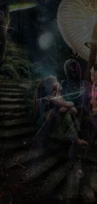 This stunning live wallpaper features a group of individuals sitting on a staircase in a mesmerizing woodland setting