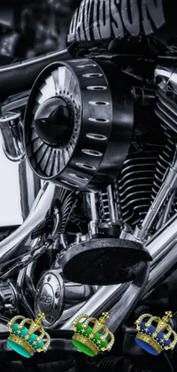 This phone live wallpaper captures a motorcycle adorned with a crown, featuring hyperdetailed photorealism