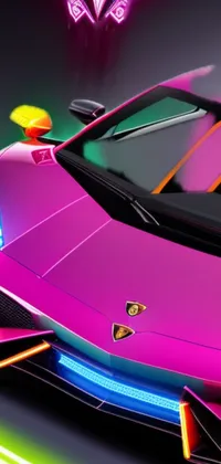 This phone live wallpaper features a vibrant pink sports car with neon lights