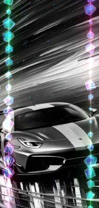 This live phone wallpaper features a high-quality black and white photo of a stylish sports car, viewed from a unique angle