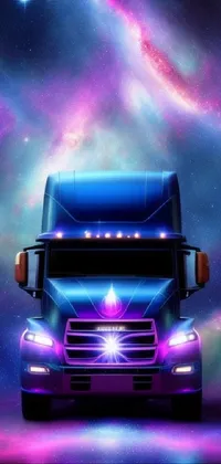 This live wallpaper features a semi truck driving through a galaxy-filled sky, accompanied by a futuristic and surreal image
