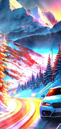 This phone live wallpaper features a snowy road with a white car in vibrant colors