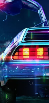 This live wallpaper features a cyberpunk art style depiction of the DeLorean time machine from the "Back to the Future" movie franchise