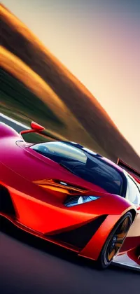 This live wallpaper features a digitally rendered red sports car driving on a race track, designed with futuristic elements