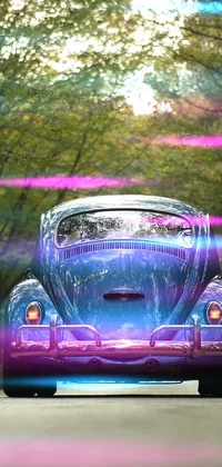 This stunning live wallpaper captures a blue Beetle driving down a charming tree-lined road