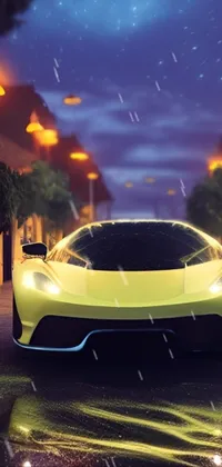 This phone live wallpaper presents a 3D render of a yellow sports car cruising down a lit street at night