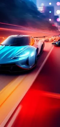 Experience the thrill of the speed with this electric live wallpaper featuring a blue sports car driving down a busy city street while F1 cars blur in the background, all in sinuous lines of motion