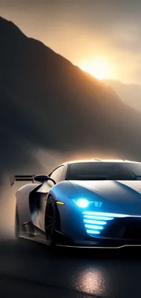 This dynamic live wallpaper showcases a sleek blue sports car driving along a mountainous road, created with stunning digital art techniques