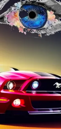 Adorn your device screen with the striking vector-designed live wallpaper-Ford Mustang, showcasing a red beauty parked on the road side, exhibiting its cobra logo on the grill, and basking under the splendid hues of a golden sunset
