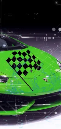 This dynamic live wallpaper for your phone features a green sports car on a checkered floor