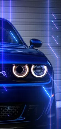 This lively phone wallpaper showcases a cool blue muscle car parked outside an attractive garage