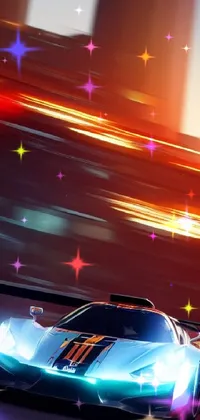 This phone live wallpaper depicts a race car speeding around a track during the golden hour