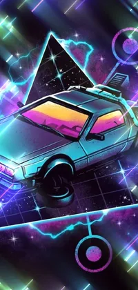 This phone live wallpaper showcases a high-quality image of a classic Back to the Future car surrounded by vibrant cyberpunk-inspired artwork