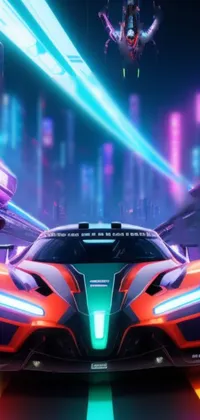 This phone live wallpaper is a mesmerizing 4k anime illustration of a futuristic supercar zooming through a city at night