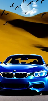 This stunning high-contrast live wallpaper depicts a sleek blue BMW sitting in the middle of a desolate desert landscape