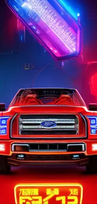This digital Ford truck live wallpaper showcases a highly detailed and vibrant rendering of a red truck parked in front of a glowing neon sign