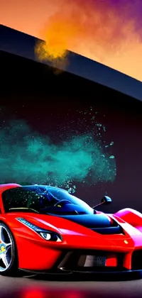 This live wallpaper depicts a stunning bright red sports car parked in front of a building