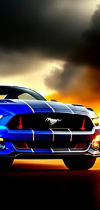 This is a dynamic live wallpaper for your phone featuring a blue mustang parked in front of a stunning sunset