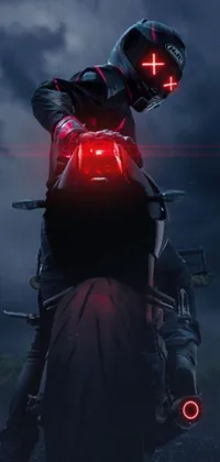 This phone live wallpaper features cyberpunk art depicting a motorcycle rider in futuristic techwear