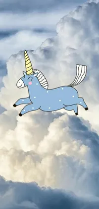 This phone live wallpaper depicts a charming cartoon unicorn flying across a cloudy sky