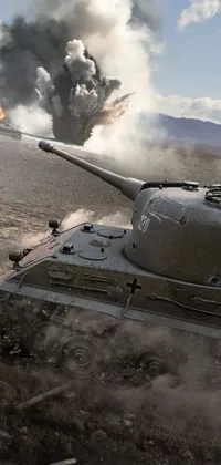 This live wallpaper depicts a tank in fierce battle action, set against a beautiful blue and heavenly backdrop
