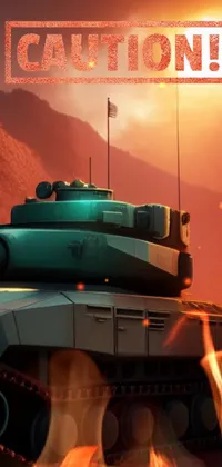 This incredible live phone wallpaper showcases a tank parked near a scenic road under intense red and orange sunlight