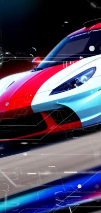 This phone live wallpaper features a sleek red, blue and white sports car zooming through a track