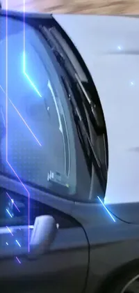 This phone wallpaper showcases a close-up of a car's side view mirror, with an eye-catching hologram projection and intricate wire details in the background