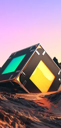 This live phone wallpaper showcases a television resting on sand surrounded by cubic portals