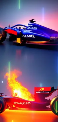 This phone live wallpaper features a concept art of a red and blue race car with flames by Bernardino Mei